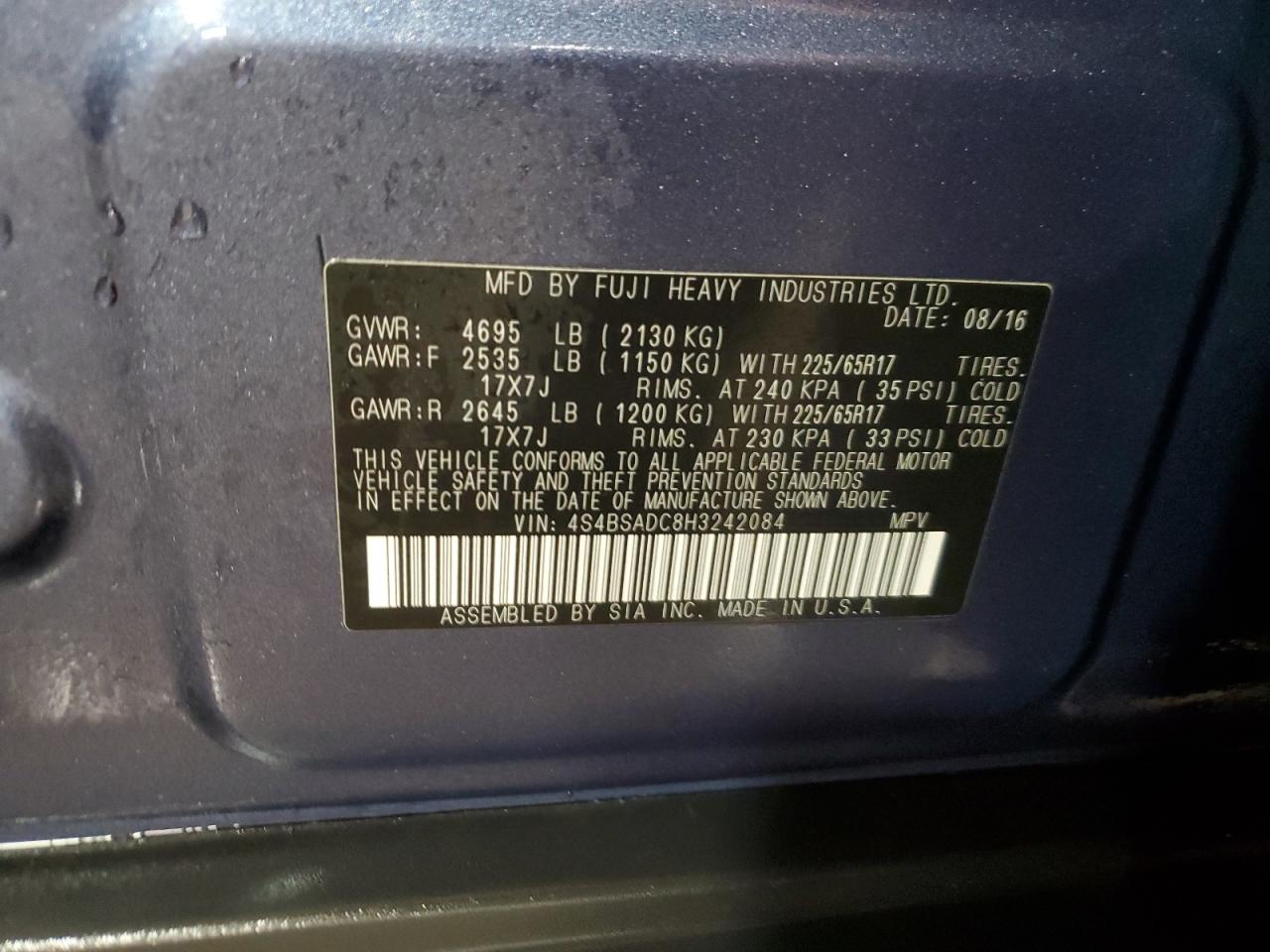 2017 Subaru Outback VIN 4S4BSADC8H3242084 Copart auction photo, front end damage thumbnail 14