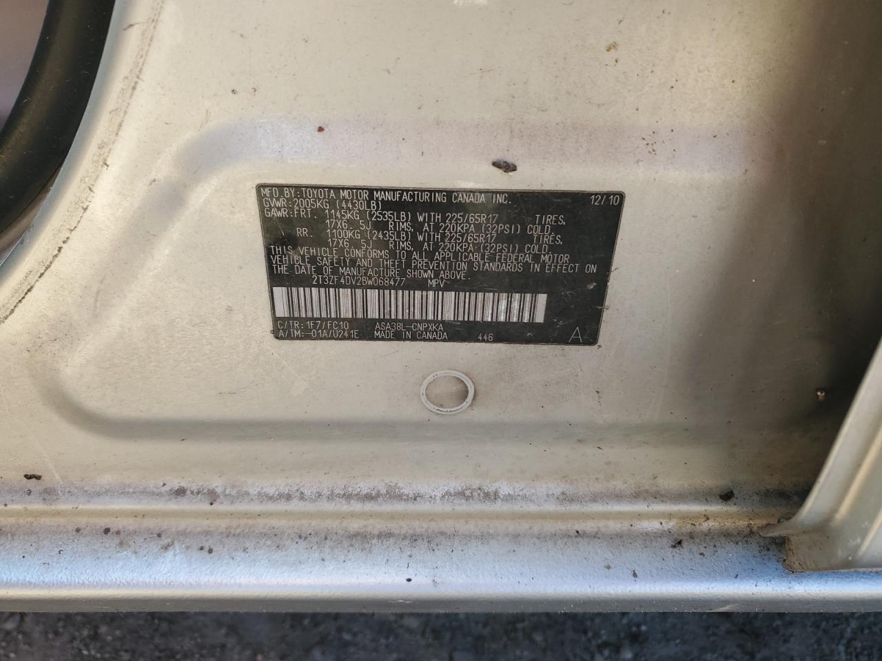 2011 Toyota RAV 4 VIN 2T3ZF4DV2BW068477 Copart auction photo, mechanical damage thumbnail 13