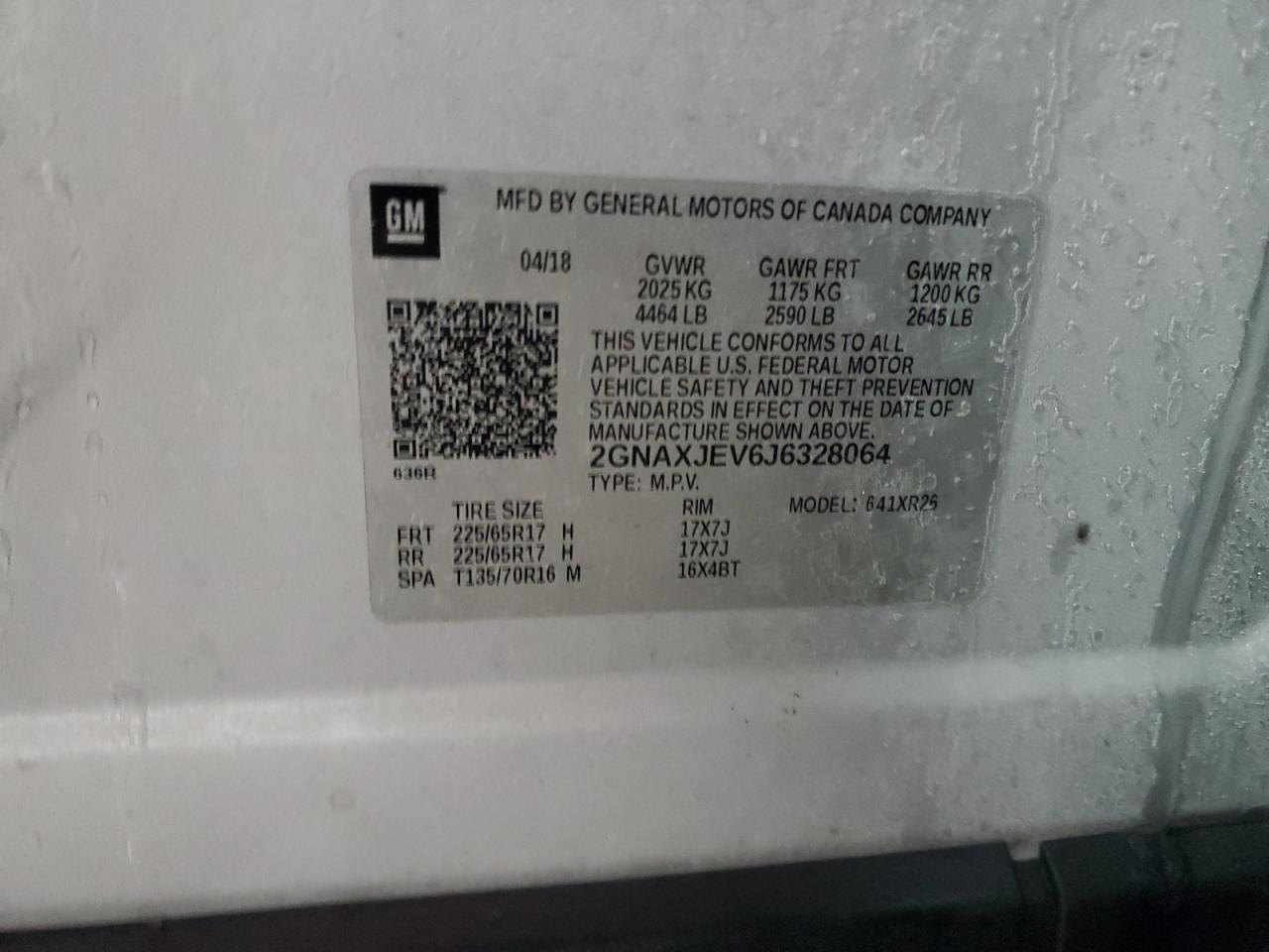 2018 Chevrolet Equinox VIN 2GNAXJEV6J6328064 Copart auction photo, front end damage thumbnail 14