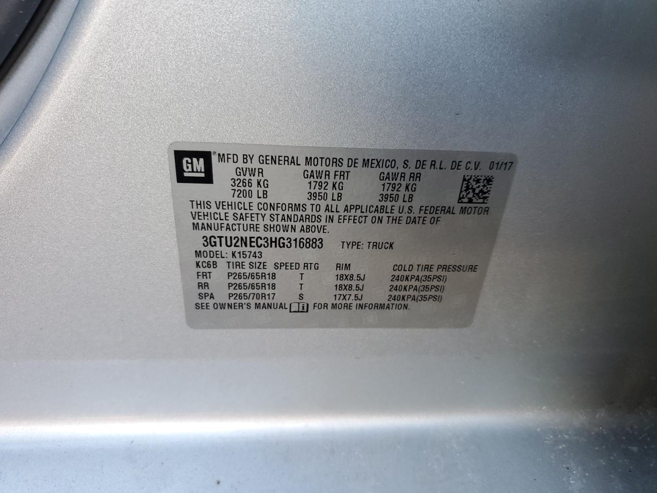 2017 GMC Sierra VIN 3GTU2NEC3HG316883 Copart auction photo, front end damage thumbnail 12