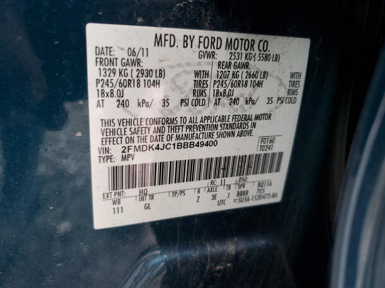 2011 Ford Edge VIN 2FMDK4JC1BBB49400 Copart auction photo, front end / side damage thumbnail 13