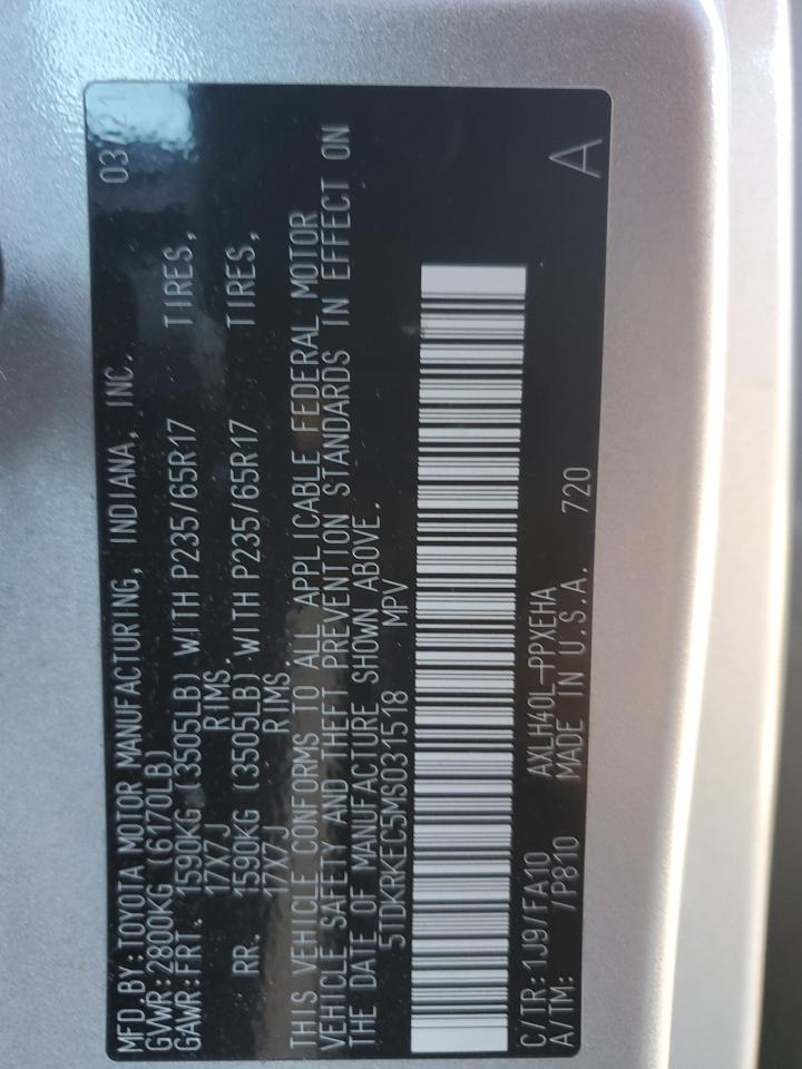 2021 Toyota Sienna VIN 5TDKRKEC5MS031518 Copart auction photo, rear end / minor dent/scratches damage thumbnail 15