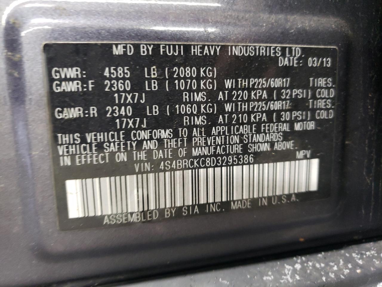 2013 Subaru Outback VIN 4S4BRCKC8D3295386 Copart auction photo, front end damage thumbnail 13