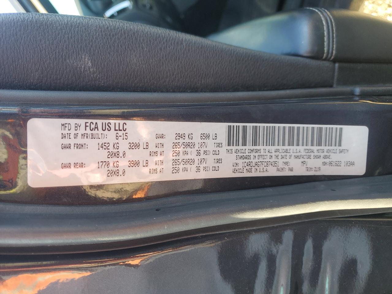 2015 Dodge Durango VIN 1C4RDJAG7FC874351 Copart auction photo, front end / minor dent/scratches damage thumbnail 14
