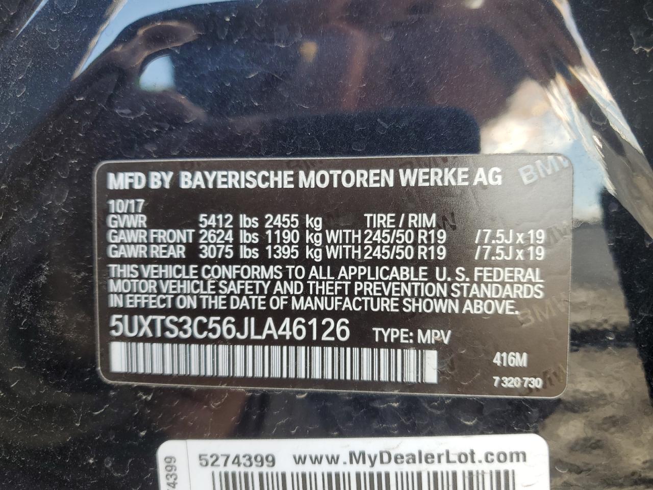 2018 BMW X3 VIN 5UXTS3C56JLA46126 Copart auction photo, front end damage thumbnail 14