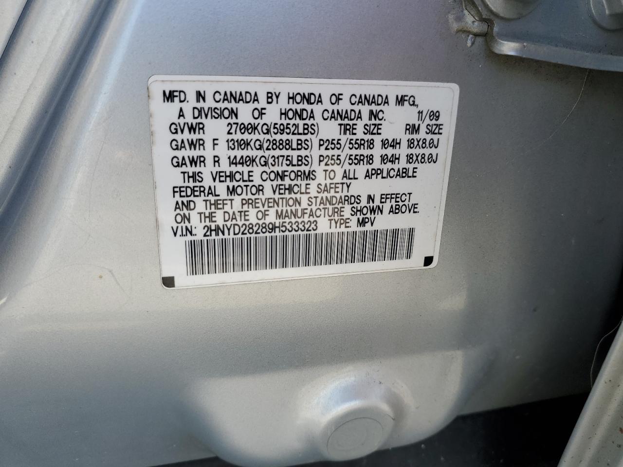 2009 Acura MDX VIN 2HNYD28289H533323 Copart auction photo, front end damage thumbnail 13