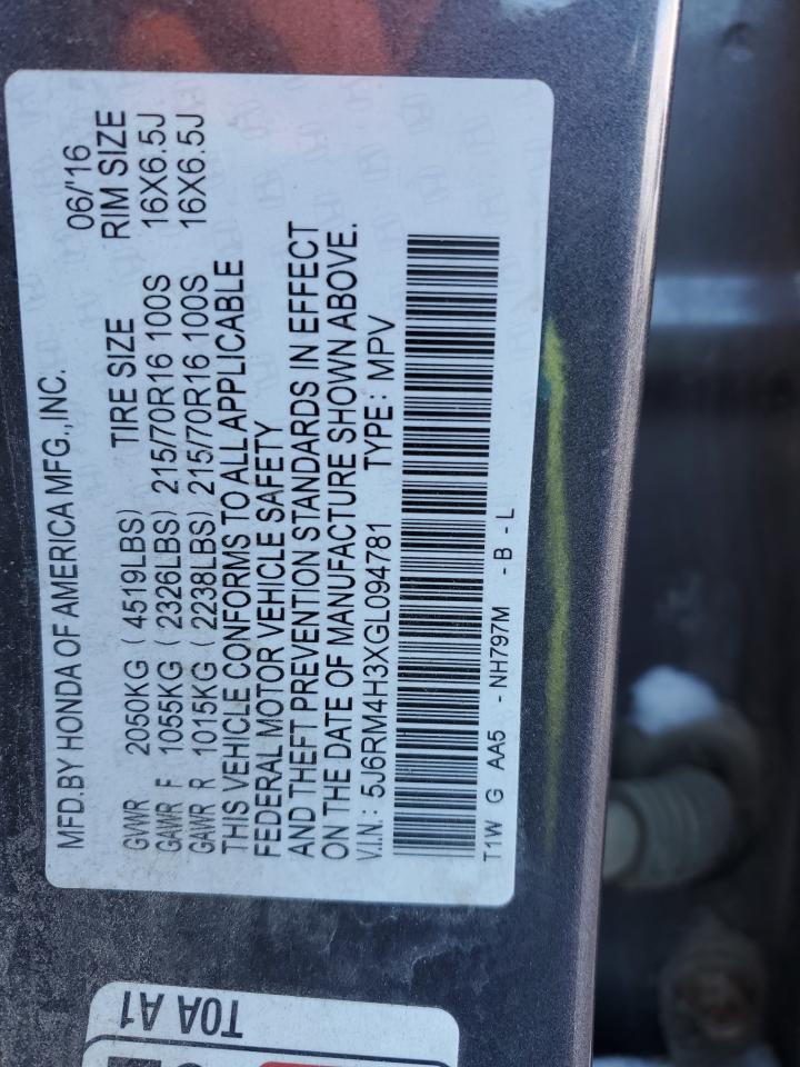 2016 Honda CR-V VIN 5J6RM4H3XGL094781 Copart auction photo, front end damage thumbnail 14
