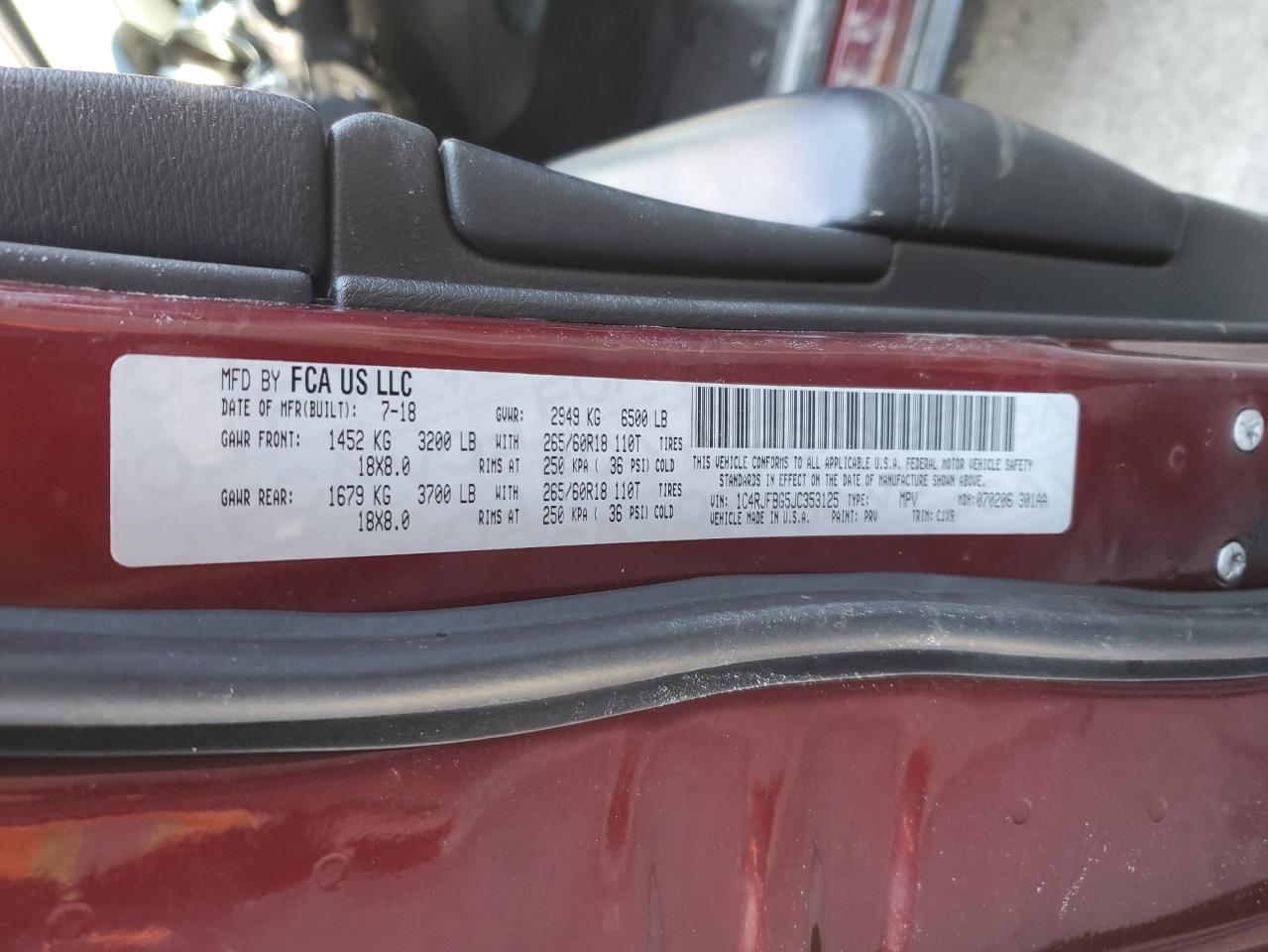 2018 Jeep Grand Cherokee VIN 1C4RJFBG5JC353125 Copart auction photo, front end / side damage thumbnail 14