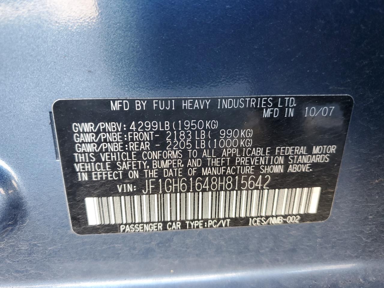 2008 Subaru Impreza VIN JF1GH61648H815642 Copart auction photo, undercarriage damage thumbnail 12