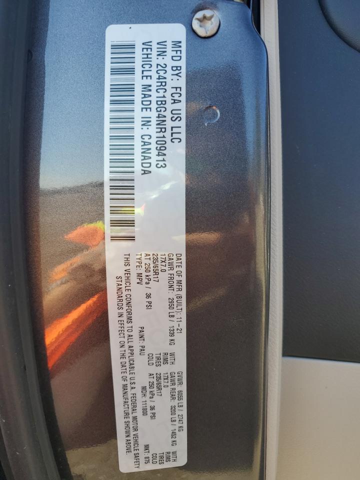 2022 Chrysler Pacifica VIN 2C4RC1BG4NR109413 Copart auction photo, front end / side damage thumbnail 13