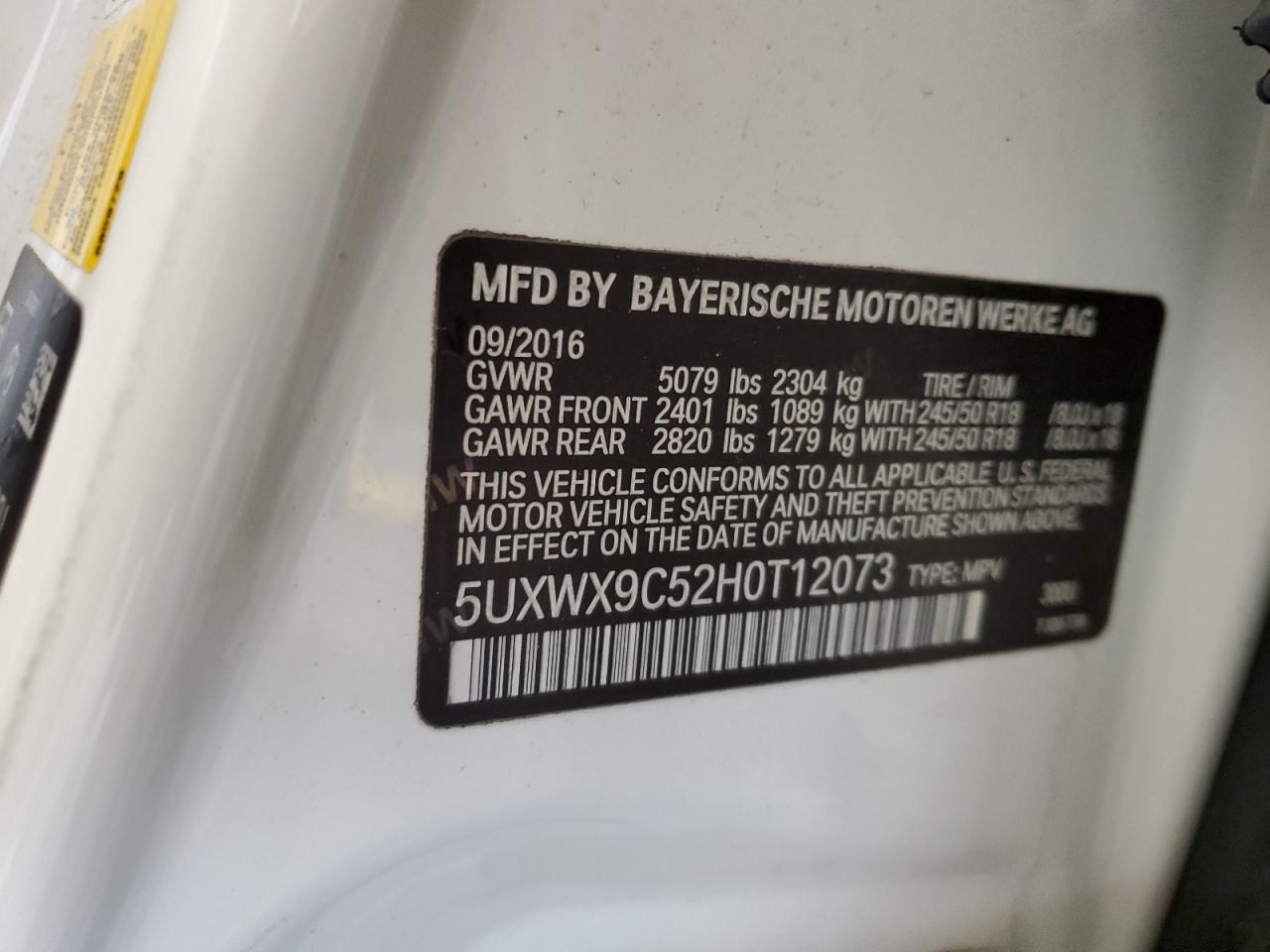 2017 BMW X3 VIN 5UXWX9C52H0T12073 Copart auction photo, front end / side damage thumbnail 14