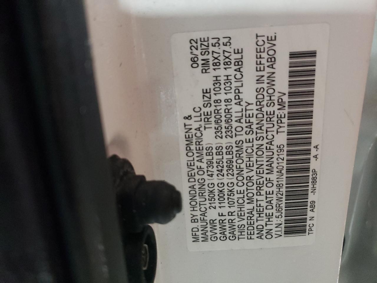 2022 Honda CR-V VIN 5J6RW2H81NA012195 Copart auction photo, rear end / side damage thumbnail 12