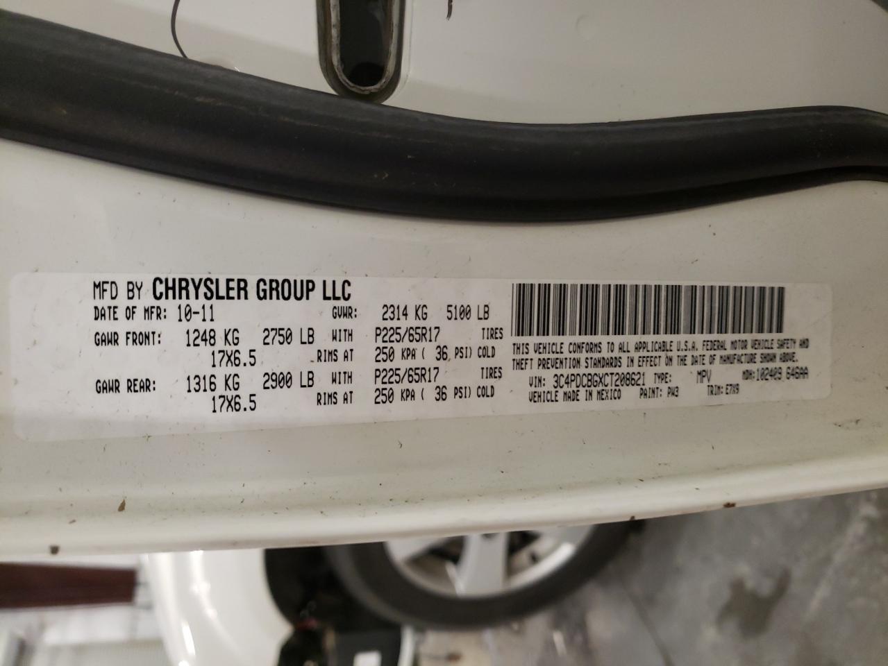 2012 Dodge Journey VIN 3C4PDCBGXCT208621 Copart auction photo, front end damage thumbnail 14