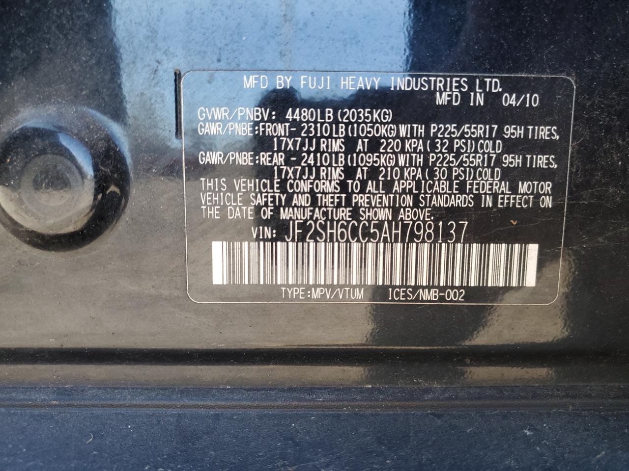 2010 Subaru Forester VIN JF2SH6CC5AH798137 Copart auction photo, minor dent/scratches damage thumbnail 13