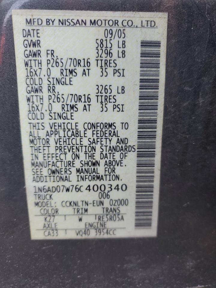 2006 Nissan Navara (Frontier) VIN 1N6AD07W76C400340 Copart auction photo, front end damage thumbnail 14