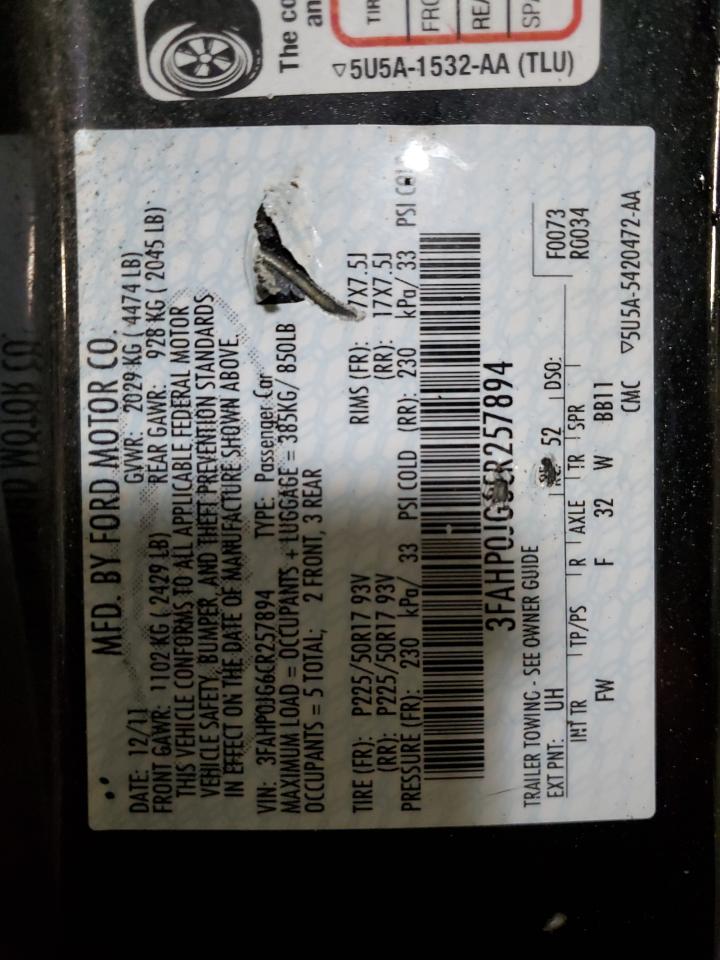2012 Ford Fusion VIN 3FAHP0JG6CR257894 Copart auction photo, front end / minor dent/scratches damage thumbnail 13
