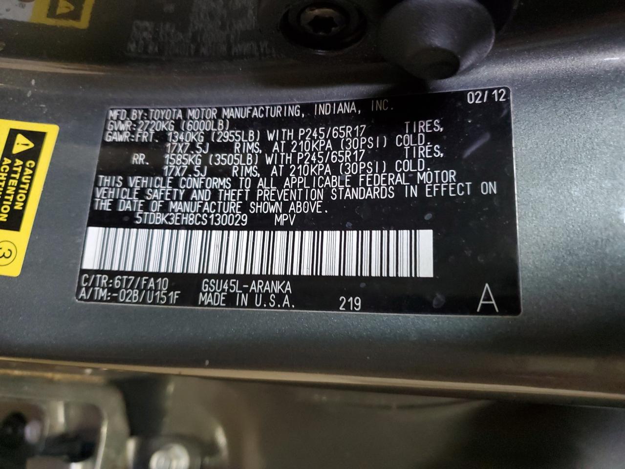 2012 Toyota Highlander VIN 5TDBK3EH8CS130029 Copart auction photo, front end / undercarriage damage thumbnail 13