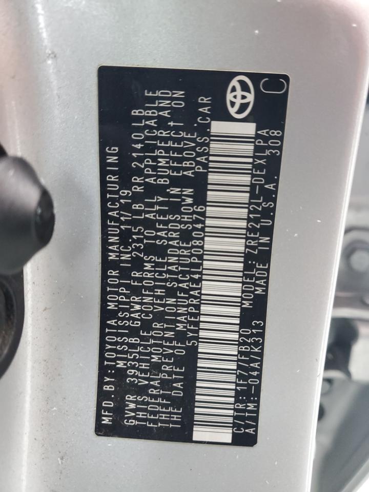 2020 Toyota Corolla VIN 5YFEPRAE4LP080476 Copart auction photo, front end / side damage thumbnail 14