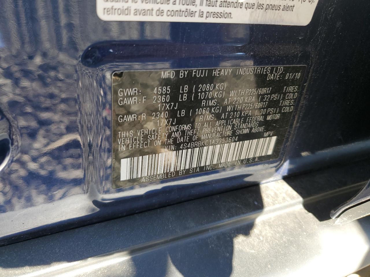 2010 Subaru Outback VIN 4S4BRBKC1A3353604 Copart auction photo, front end damage thumbnail 12