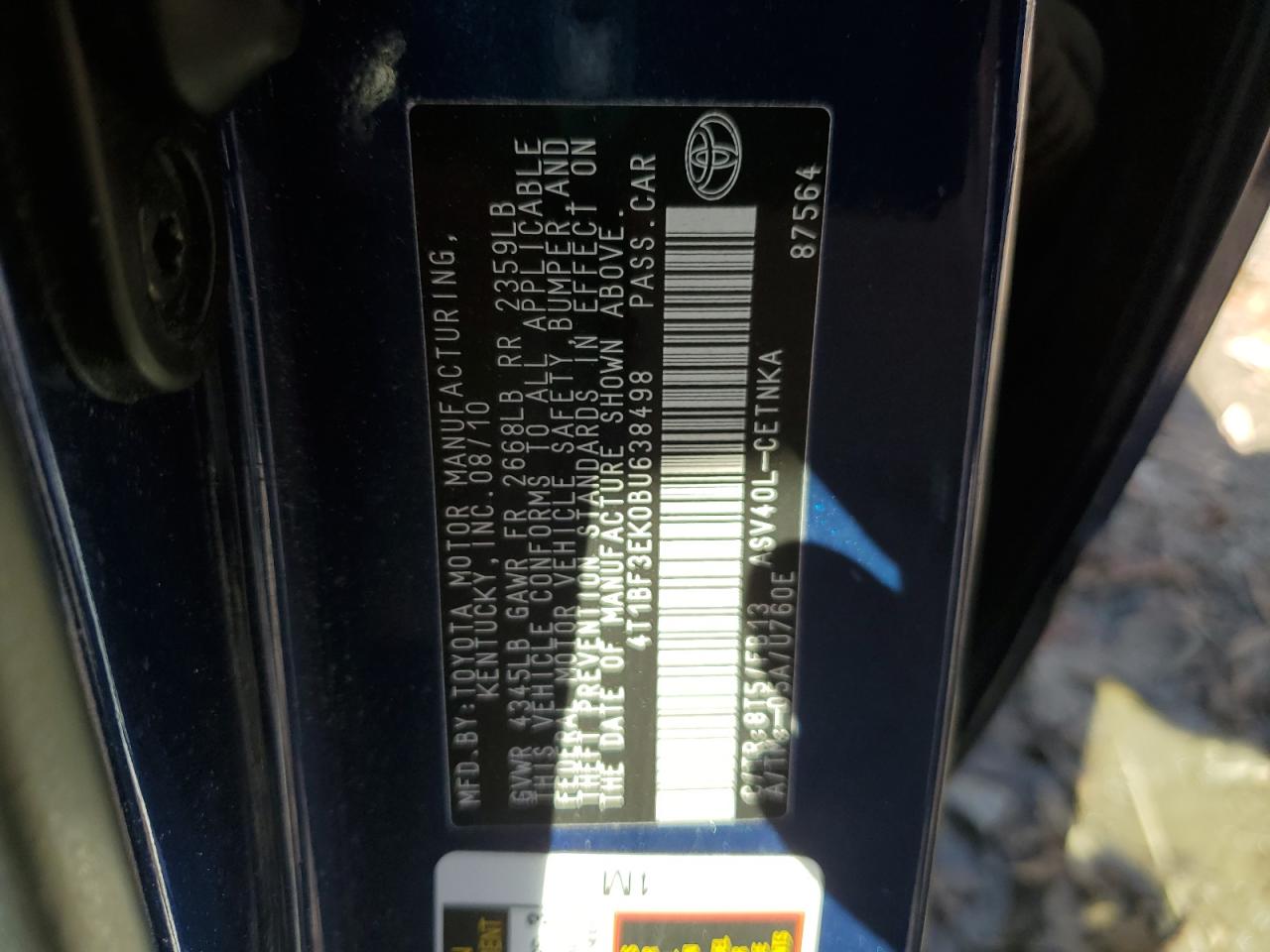 2011 Toyota Camry VIN 4T1BF3EK0BU638498 Copart auction photo, side damage thumbnail 12