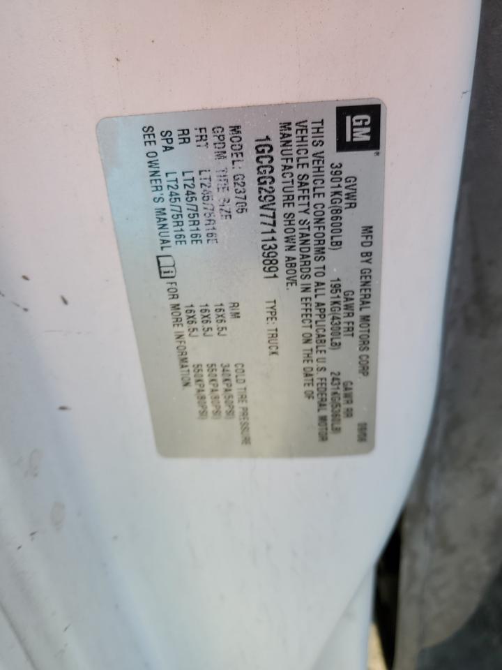 2007 Chevrolet Express VIN 1GCGG29V771139891 Copart auction photo, front end / side damage thumbnail 13