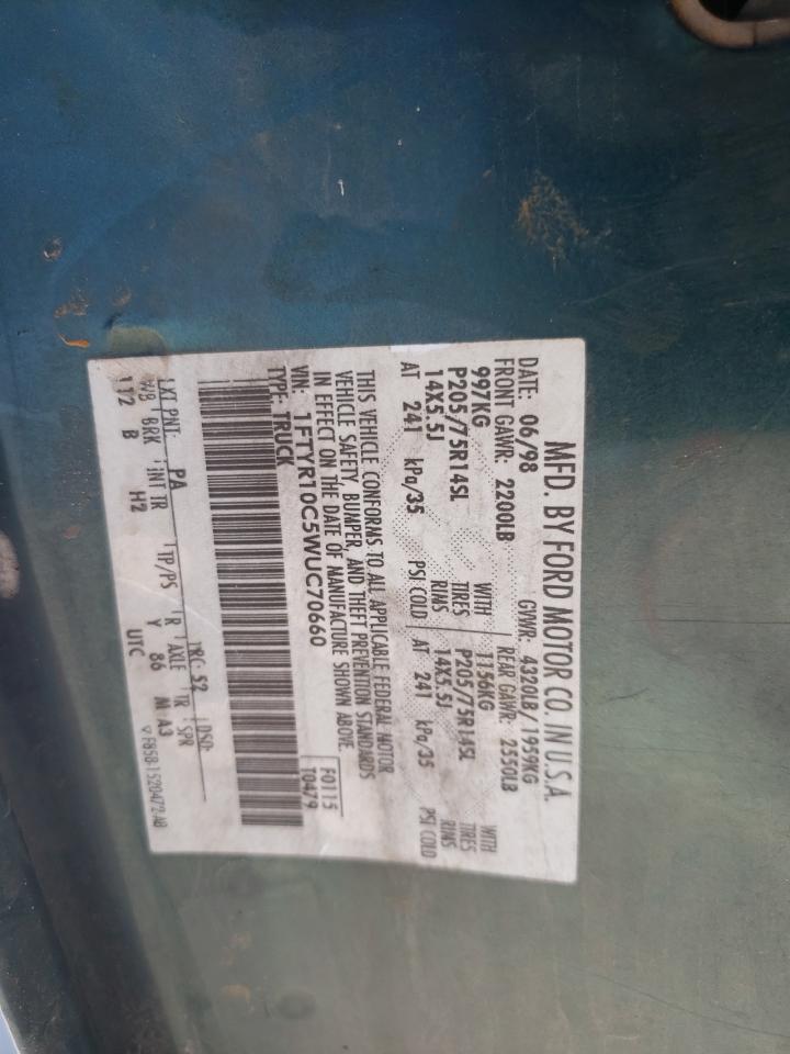 1998 Ford Ranger VIN 1FTYR10C5WUC70660 Copart auction photo, all over damage thumbnail 12