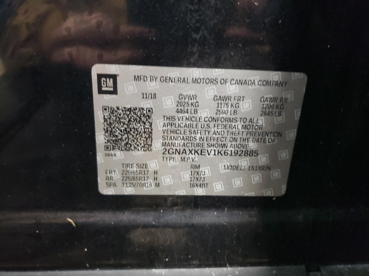 2019 Chevrolet Equinox VIN 2GNAXKEV1K6192885 Copart auction photo, front end damage thumbnail 12