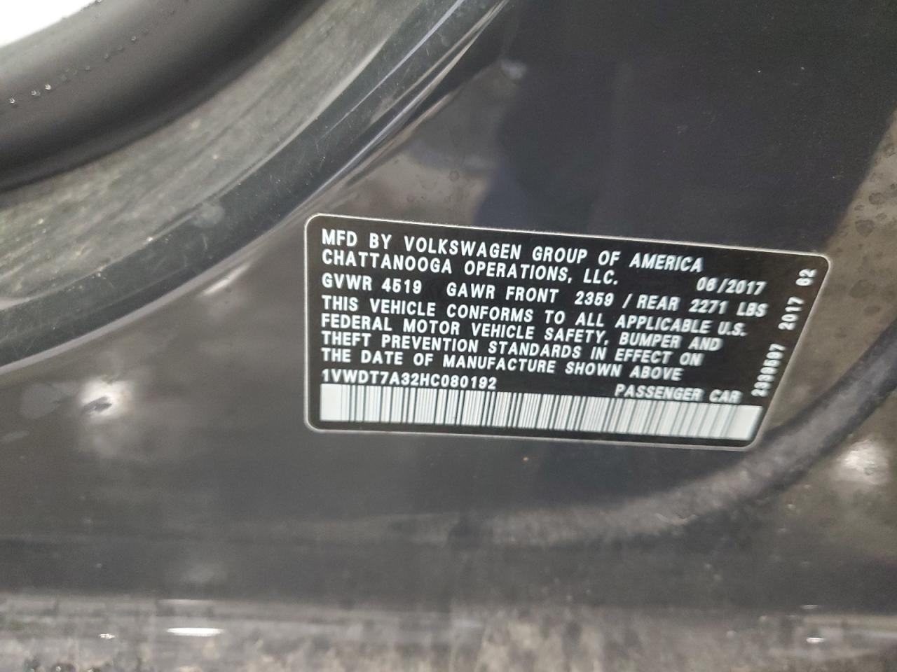 2017 Volkswagen Passat VIN 1VWDT7A32HC080192 Copart auction photo, front end damage thumbnail 12