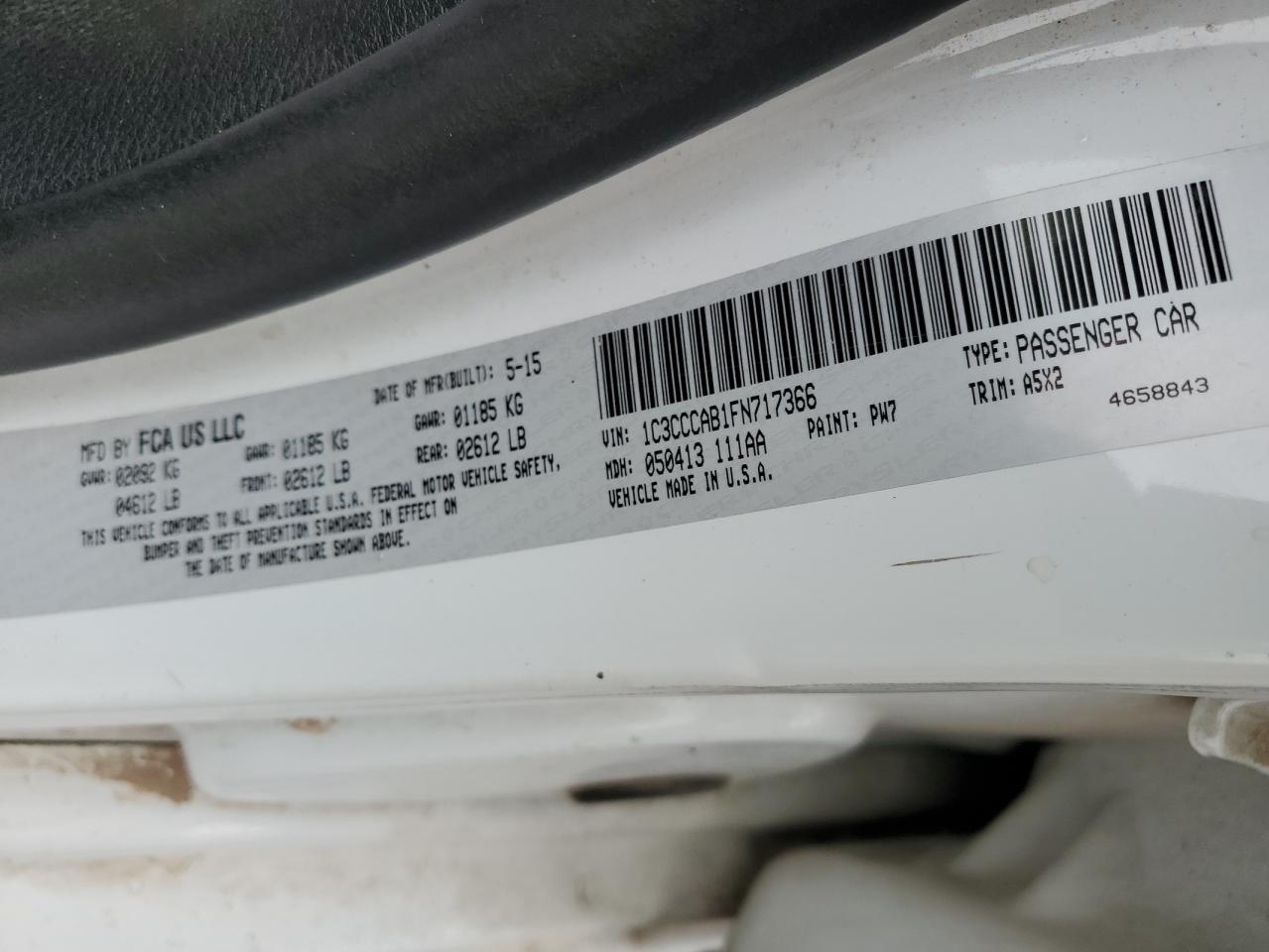 2015 Chrysler 200 VIN 1C3CCCAB1FN717366 Copart auction photo, rear end / frame damage damage thumbnail 12
