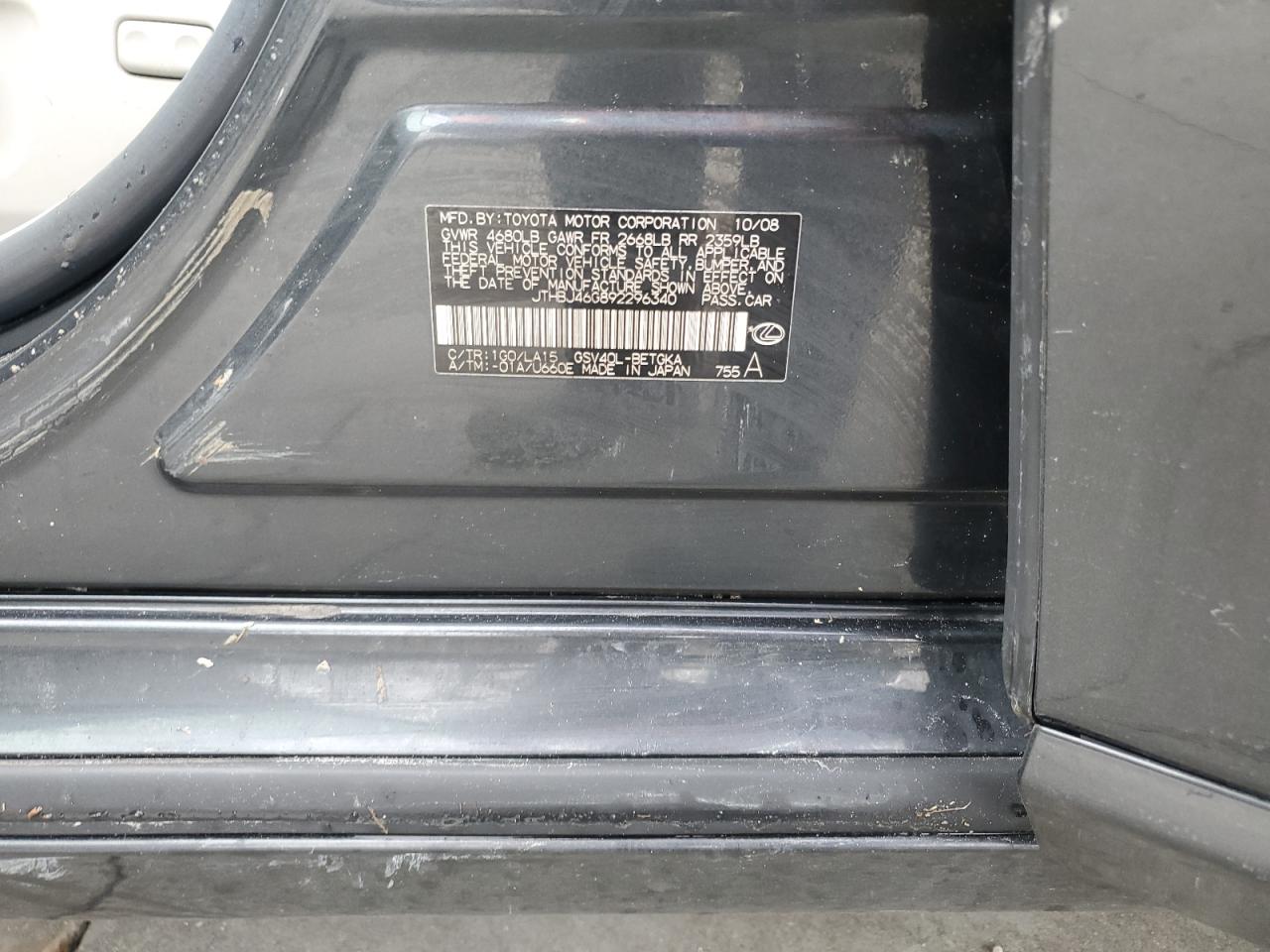 2009 Lexus ES VIN JTHBJ46G892296340 Copart auction photo, water/flood damage thumbnail 13