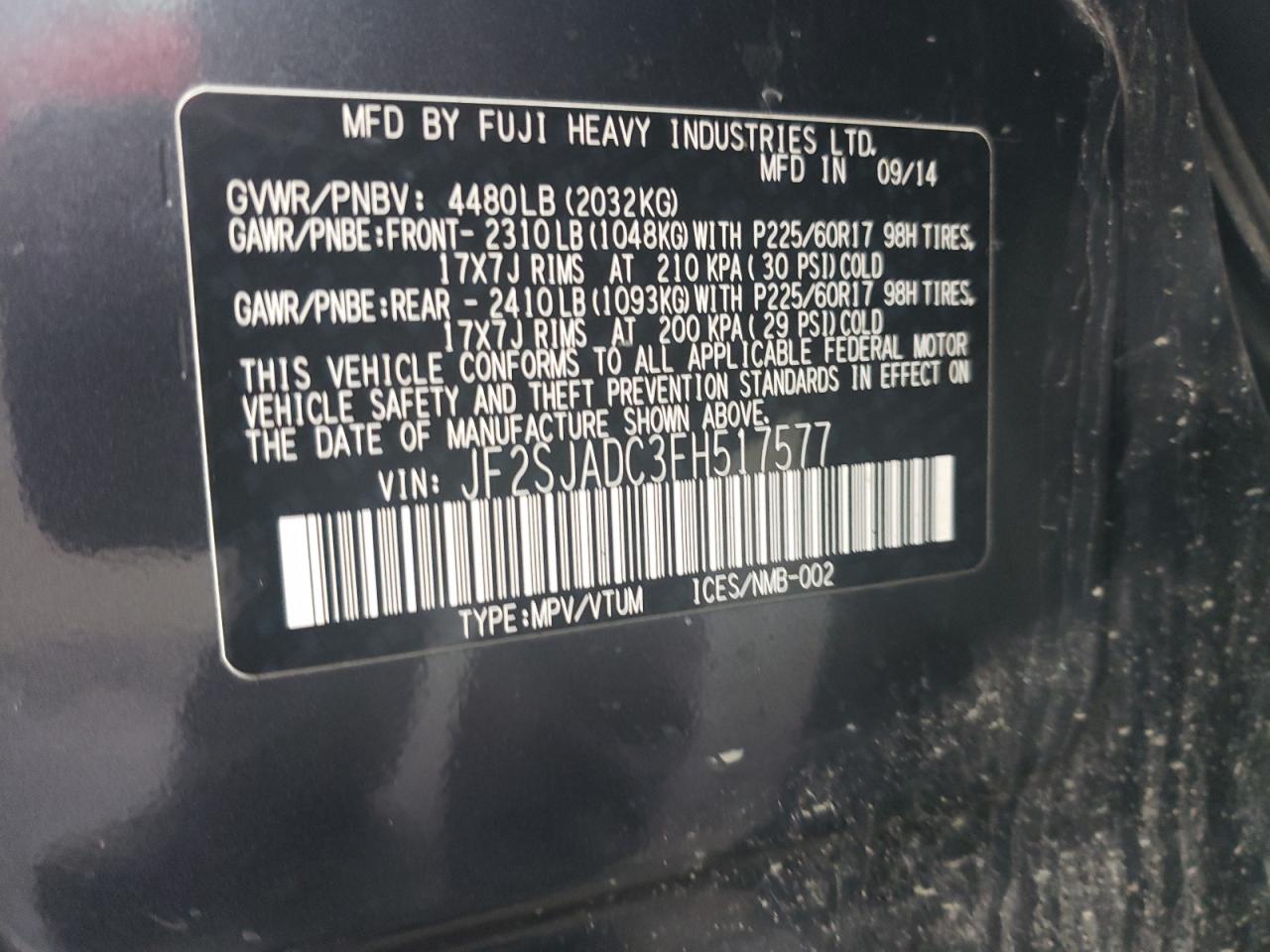 2015 Subaru Forester VIN JF2SJADC3FH517577 Copart auction photo, front end / rear end damage thumbnail 12