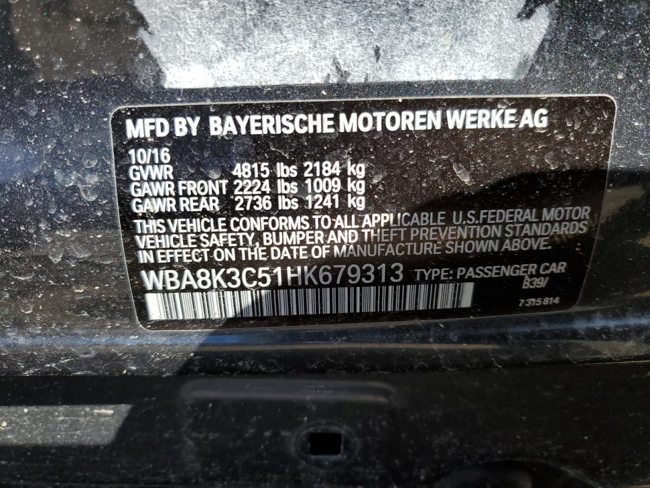 2017 BMW 3er VIN WBA8K3C51HK679313 Copart auction photo, all over damage thumbnail 14