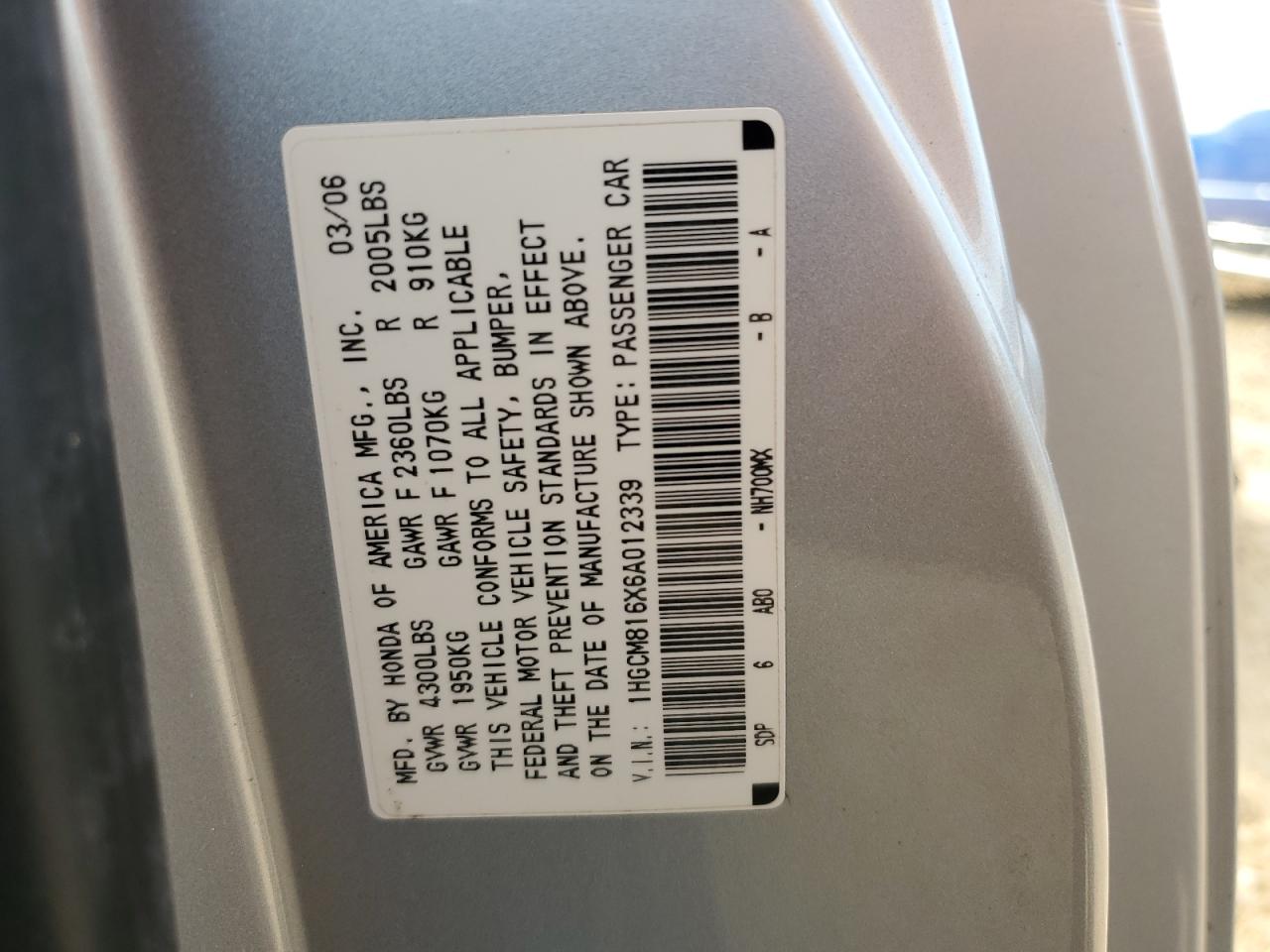 2006 Honda Accord VIN 1HGCM816X6A012339 Copart auction photo, rear end / minor dent/scratches damage thumbnail 13