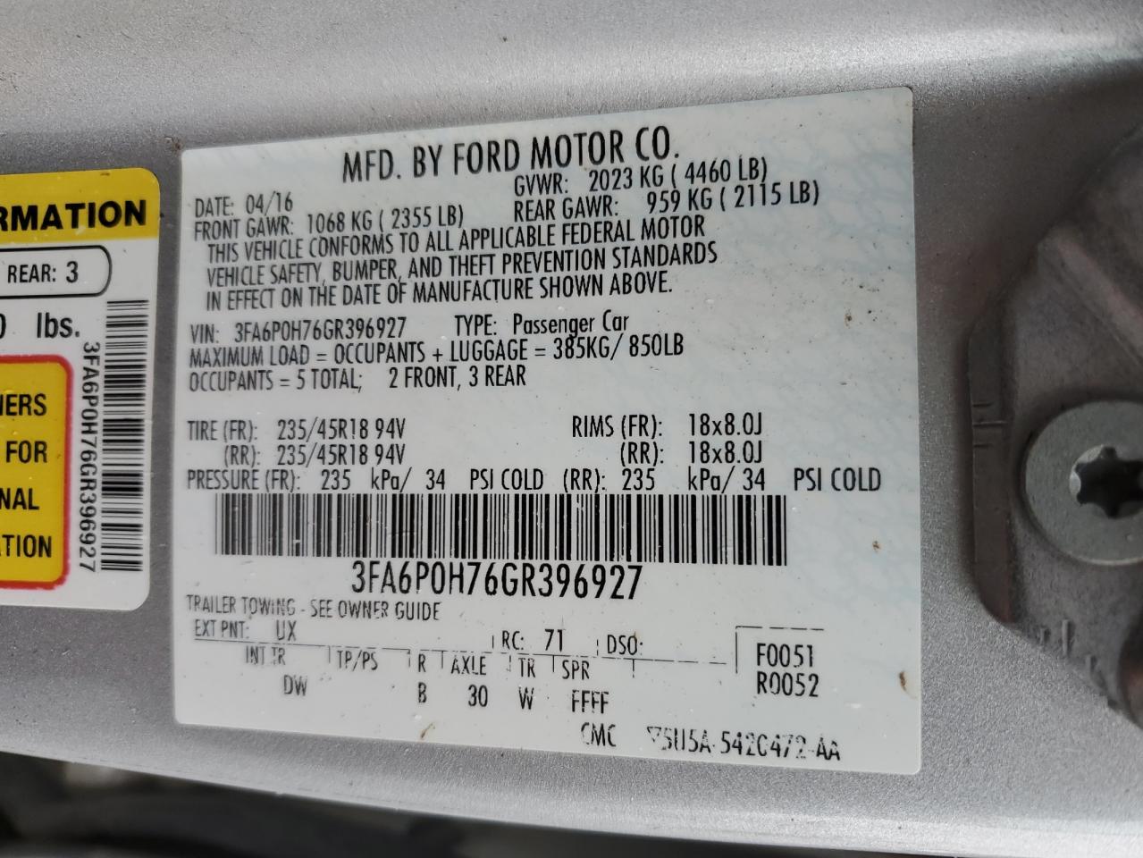 2016 Ford Fusion VIN 3FA6P0H76GR396927 Copart auction photo, rear end / front end damage thumbnail 14