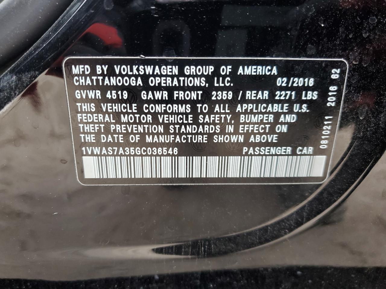 2016 Volkswagen Passat VIN 1VWAS7A35GC036546 Copart auction photo, side / front end damage thumbnail 12