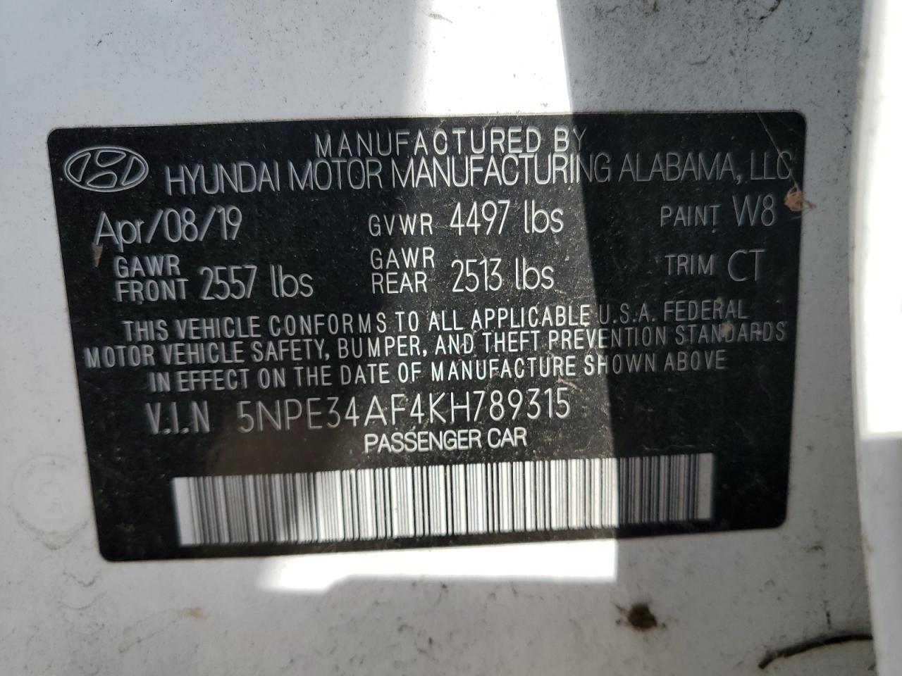 2019 Hyundai Sonata VIN 5NPE34AF4KH789315 Copart auction photo, front end damage thumbnail 15