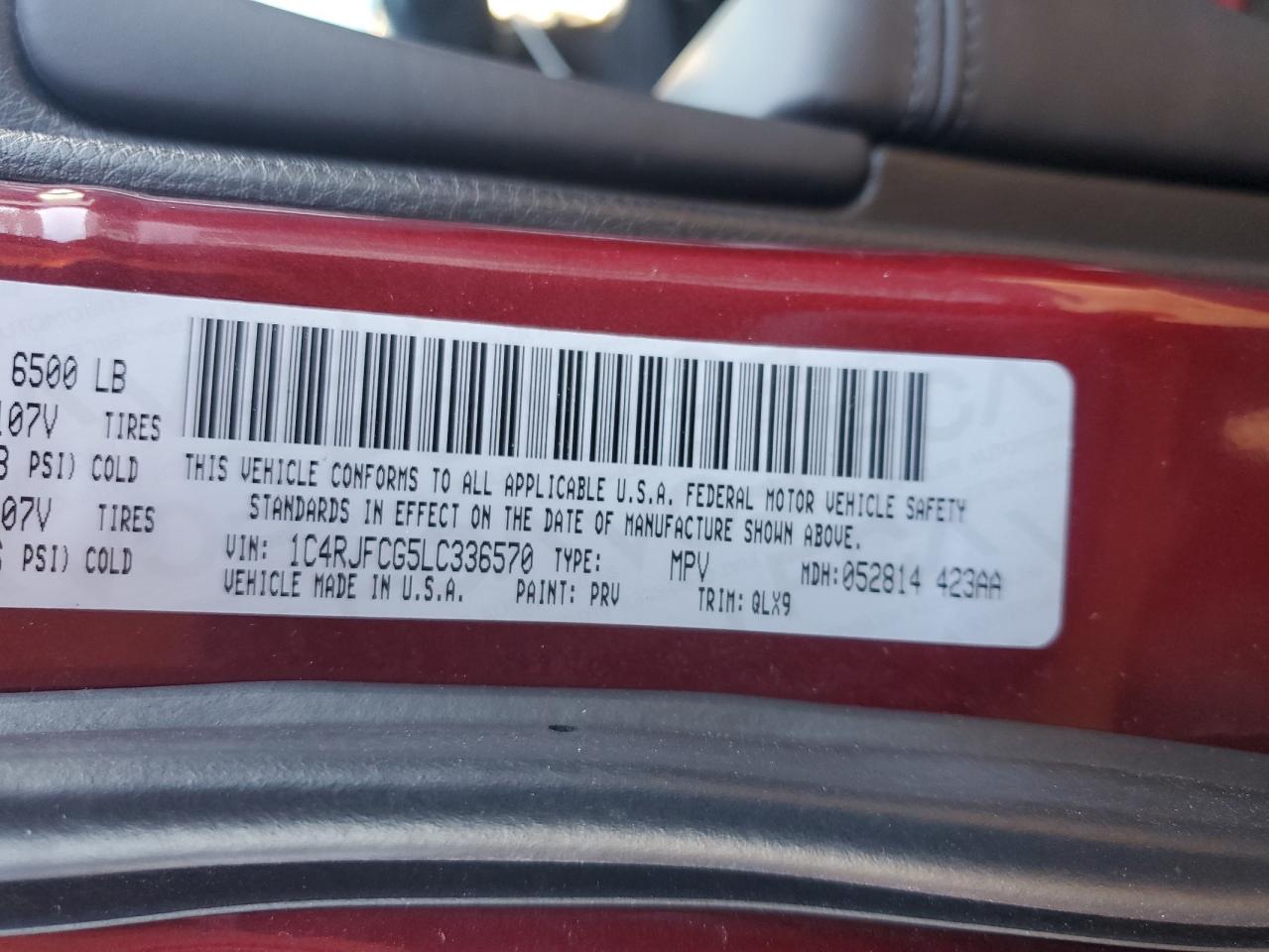 2020 Jeep Grand Cherokee VIN 1C4RJFCG5LC336570 Copart auction photo, side damage thumbnail 14
