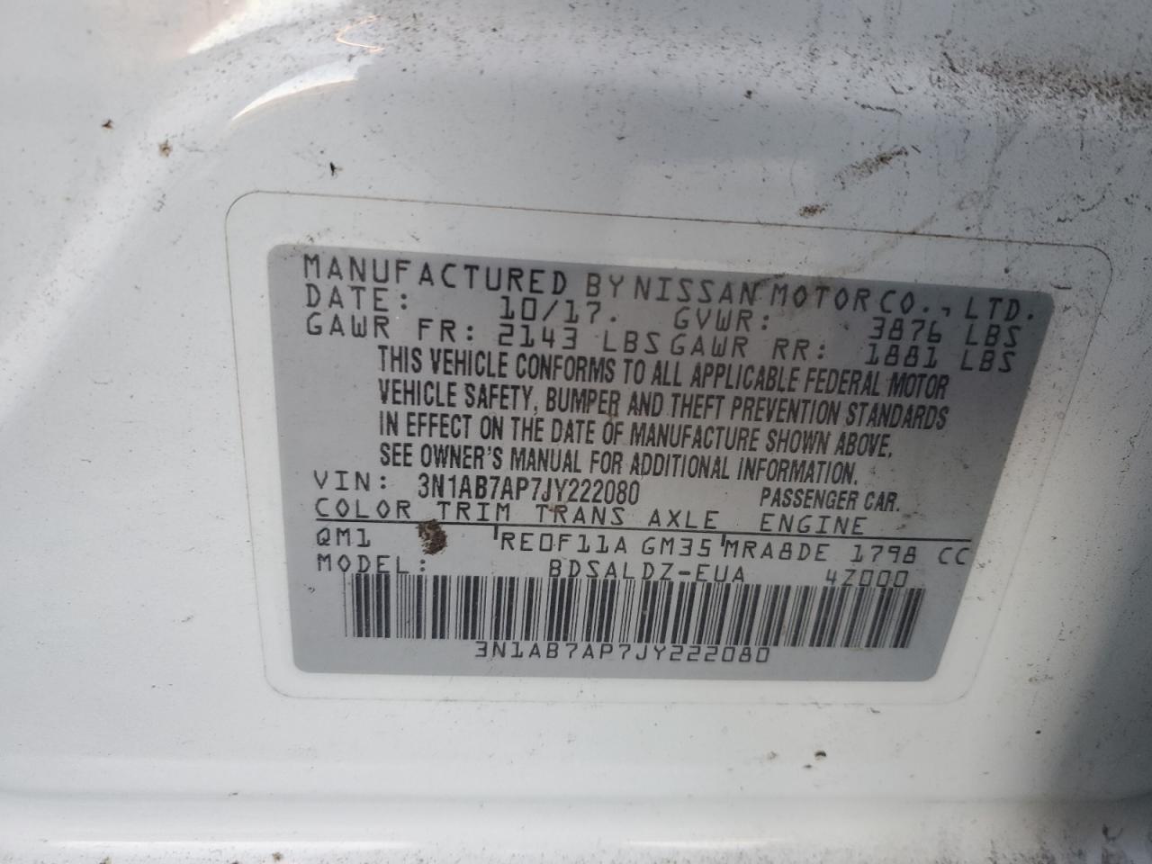 2018 Nissan Sentra VIN 3N1AB7AP7JY222080 Copart auction photo, water/flood damage thumbnail 12