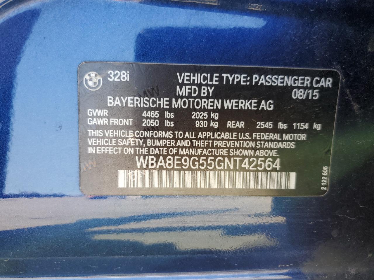 2016 BMW 3er VIN WBA8E9G55GNT42564 Copart auction photo, front end / side damage thumbnail 13