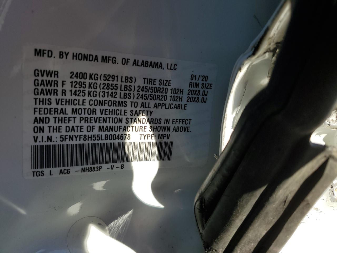 2020 Honda Passport VIN 5FNYF8H55LB004678 Copart auction photo, side damage thumbnail 13