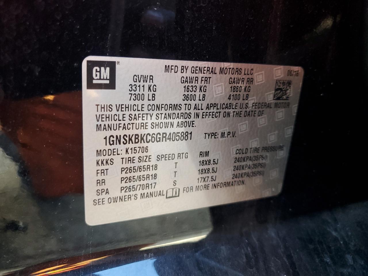 2016 Chevrolet Tahoe VIN 1GNSKBKC6GR405881 Copart auction photo, front end damage thumbnail 16