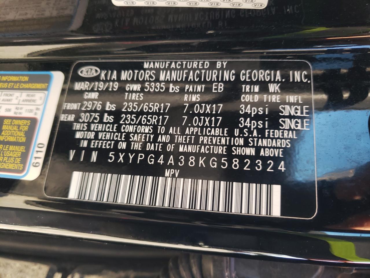 2019 KIA Sorento VIN 5XYPG4A38KG582324 Copart auction photo, rear end damage thumbnail 15