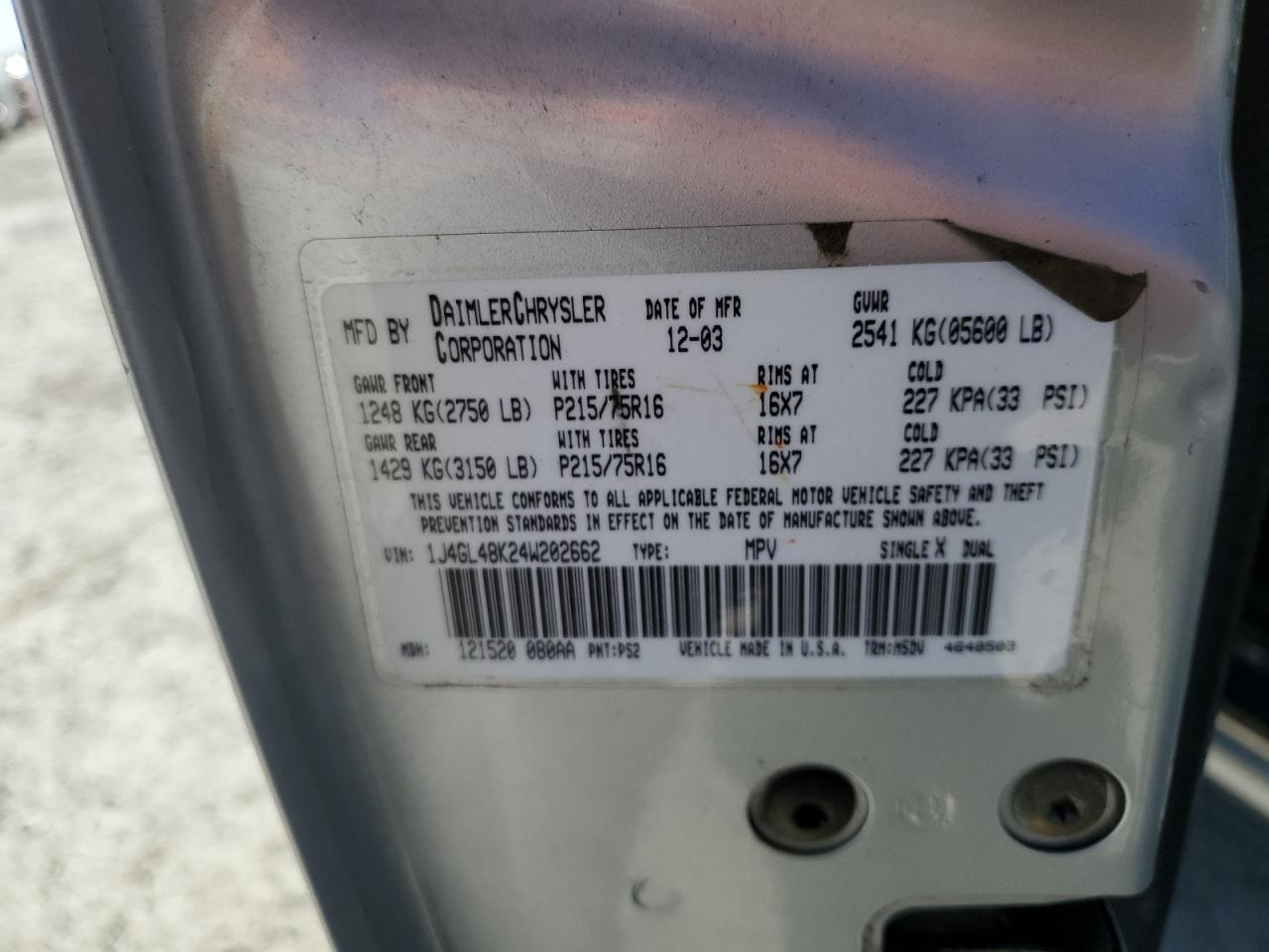 2004 Jeep Liberty (North America) VIN 1J4GL48K24W202662 Copart auction photo, rear end / side damage thumbnail 12