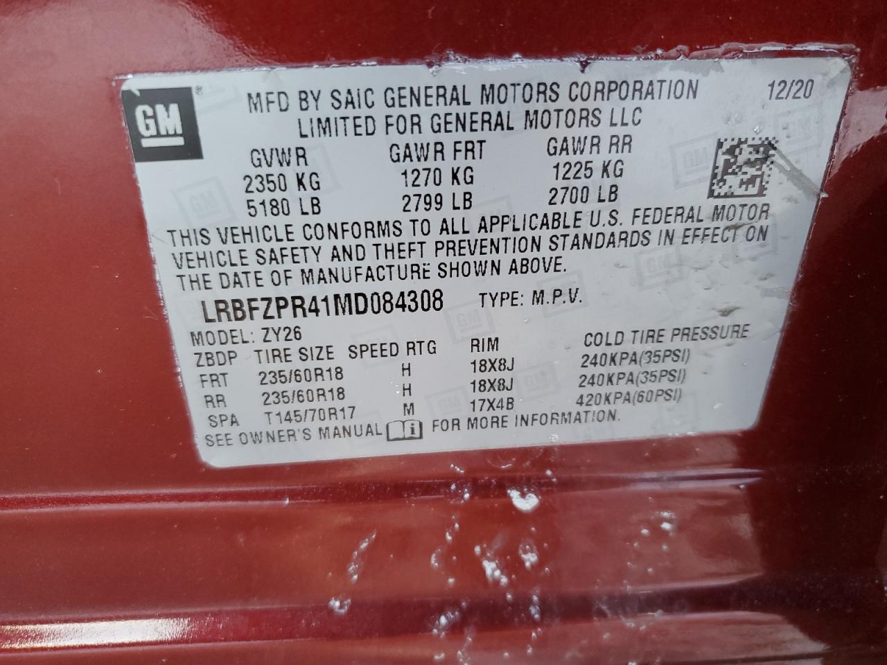 2021 Buick Envision VIN LRBFZPR41MD084308 Copart auction photo, front end / mechanical damage thumbnail 13