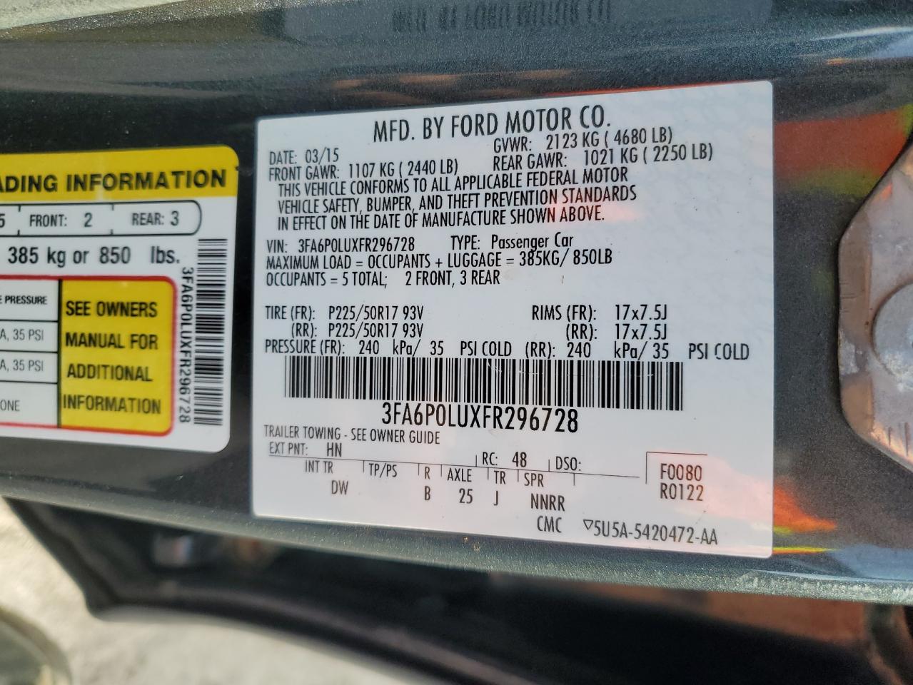 2015 Ford Fusion VIN 3FA6P0LUXFR296728 Copart auction photo, front end damage thumbnail 13