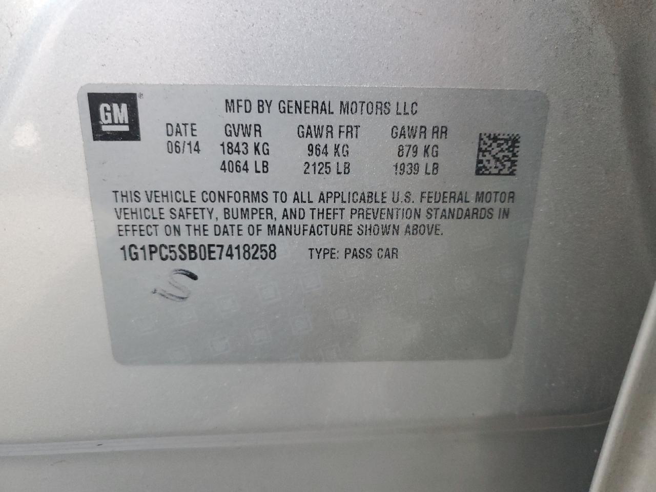 2014 Chevrolet Cruze VIN 1G1PC5SB0E7418258 Copart auction photo, front end damage thumbnail 14