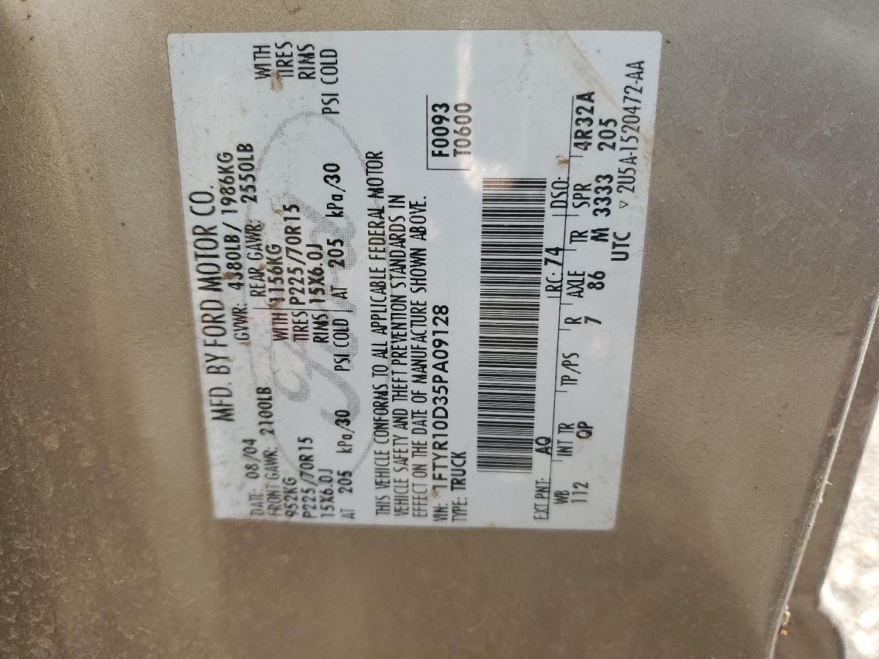2005 Ford Ranger VIN 1FTYR10D35PA09128 Copart auction photo, vandalism / front end damage thumbnail 12