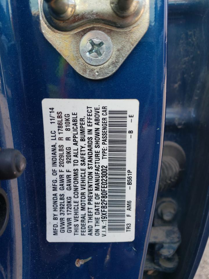 2015 Honda Civic VIN 19XFB2F80FE023002 Copart auction photo, all over damage thumbnail 14