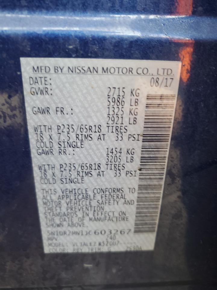 2018 Nissan Pathfinder VIN 5N1DR2MN1JC603267 Copart auction photo, front end / rear end damage thumbnail 13