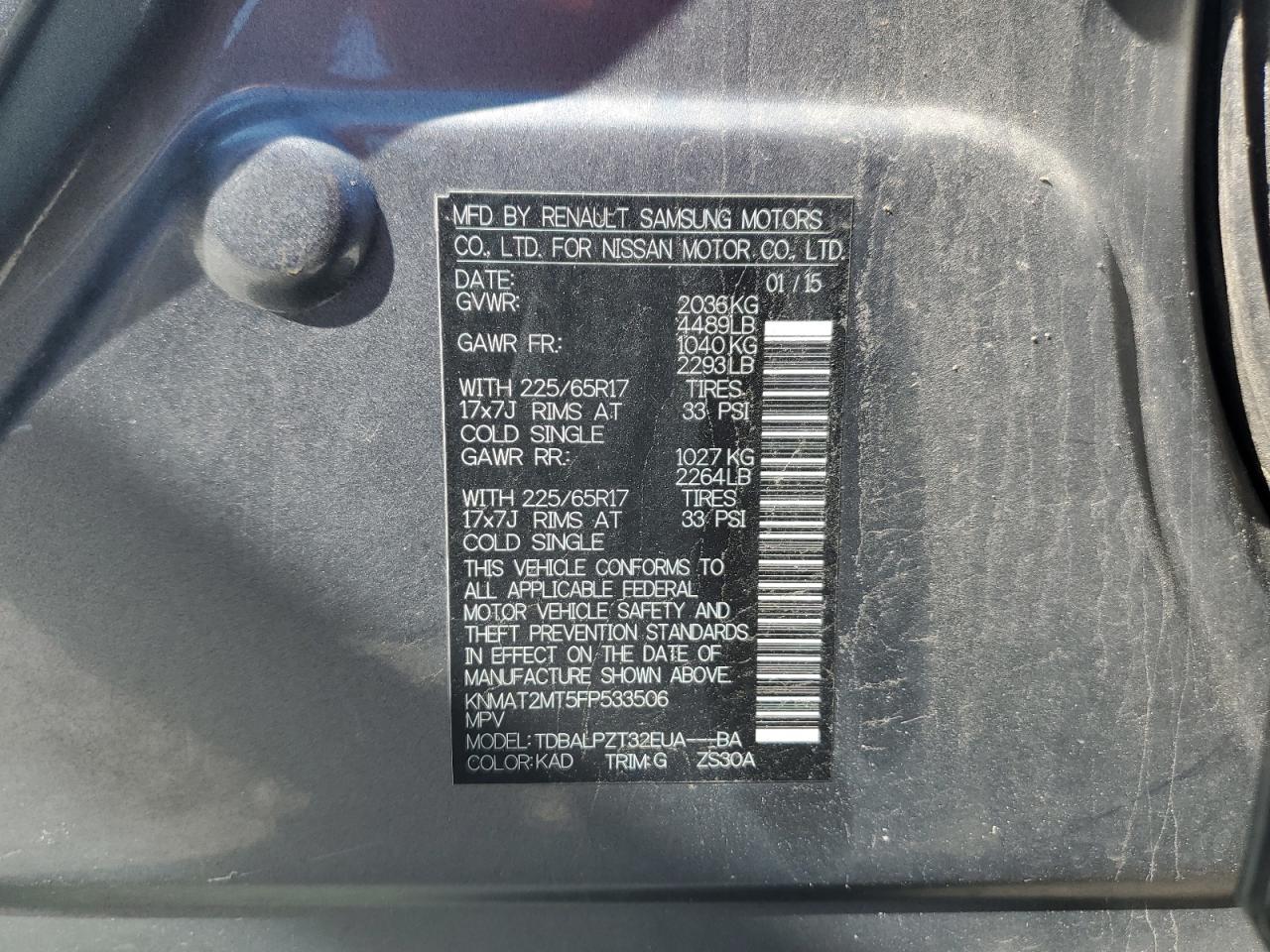 2015 Nissan Rogue VIN KNMAT2MT5FP533506 Copart auction photo, front end damage thumbnail 13